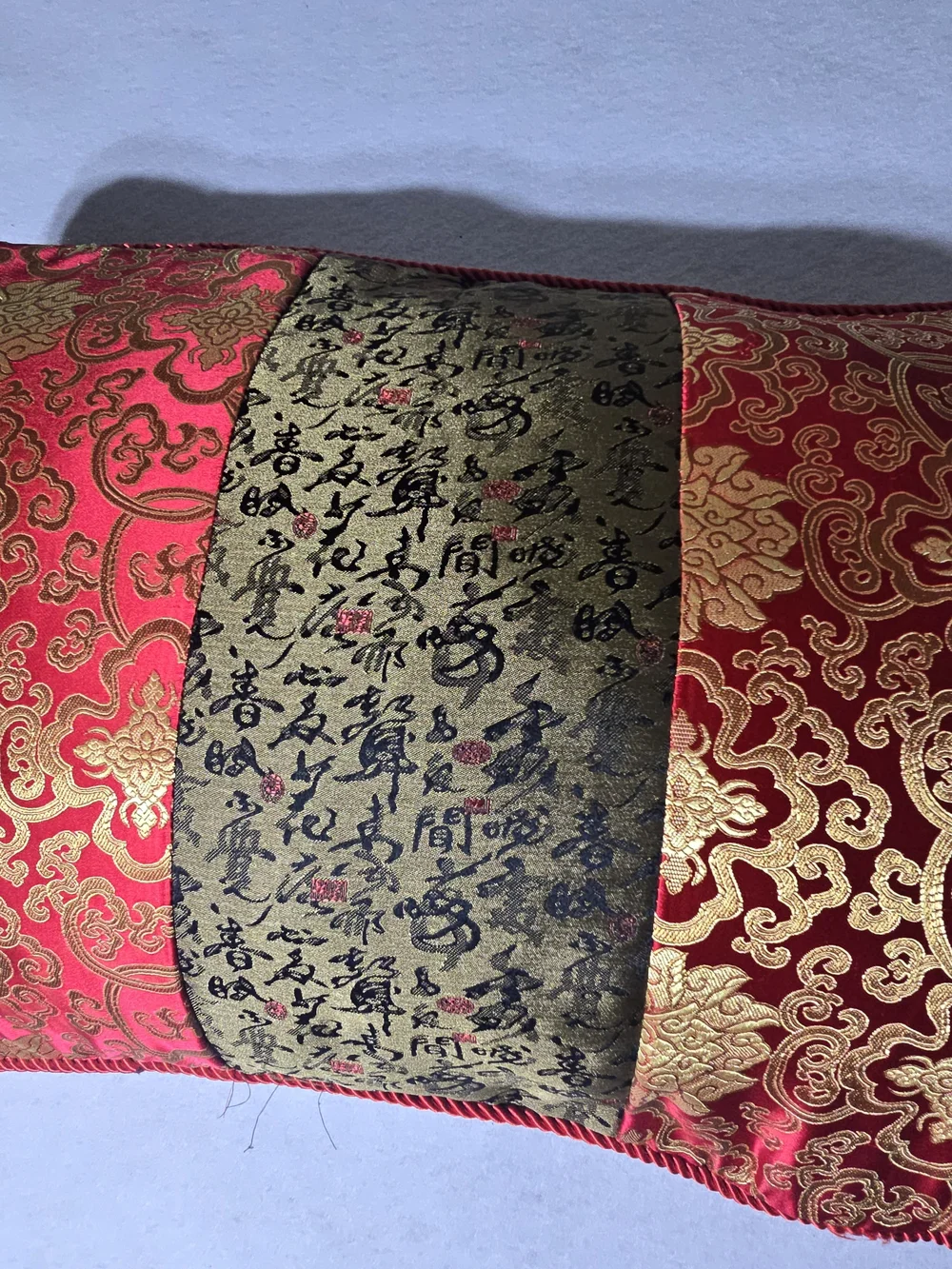 Ornate Red and Gold Decorative Accent Pillow with Embroidered Panel